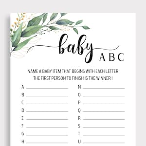 Baby ABC game, Alphabet Game, Baby ABC's Game,  A to Z Item Name, Greenery Baby Shower Games, Alphabeth  Game, Green Leaf Shower Baby, C16