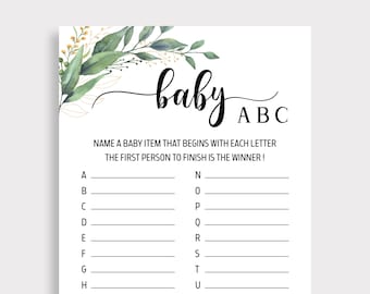 Baby ABC game, Alphabet Game, Baby ABC's Game,  A to Z Item Name, Greenery Baby Shower Games, Alphabeth  Game, Green Leaf Shower Baby, C16