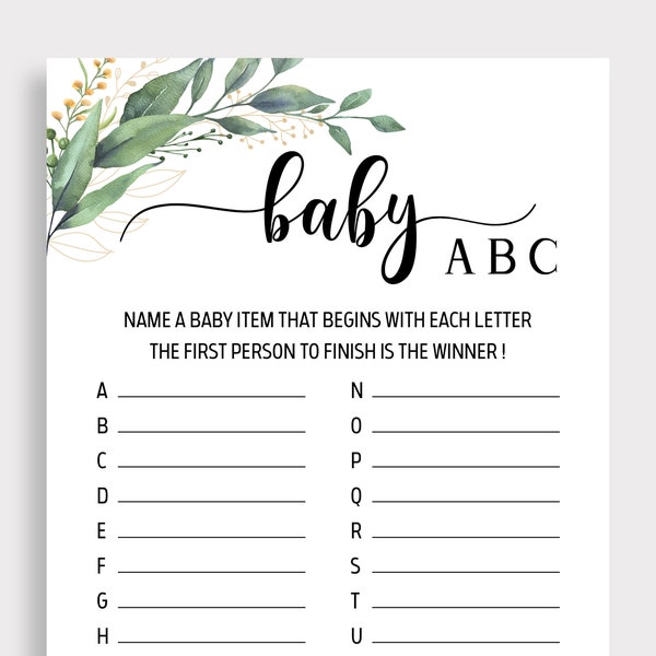 Baby ABC game, Alphabet Game, Baby ABC's Game,  A to Z Item Name, Greenery Baby Shower Games, Alphabeth  Game, Green Leaf Shower Baby, C16