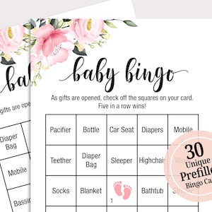 30 Prefilled Baby Shower Bingo Cards Baby Shower Bingo Game Cards Baby Bingo Pink Baby Shower Games Printable  Gender Neutral Games P16