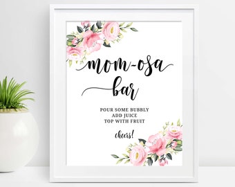 Placa de bar Momosa para impressão, placa de bar Mom-osa para chá de bebê, placa de chuveiro para meninas, placa de barra floral rosa rosas, download instantâneo, P28