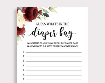 What's in the Diaper Bag Game, Burgundy Floral Baby Shower Game Printable, Whats in Diaper Bag, Instant Download, Guessing Games, G16