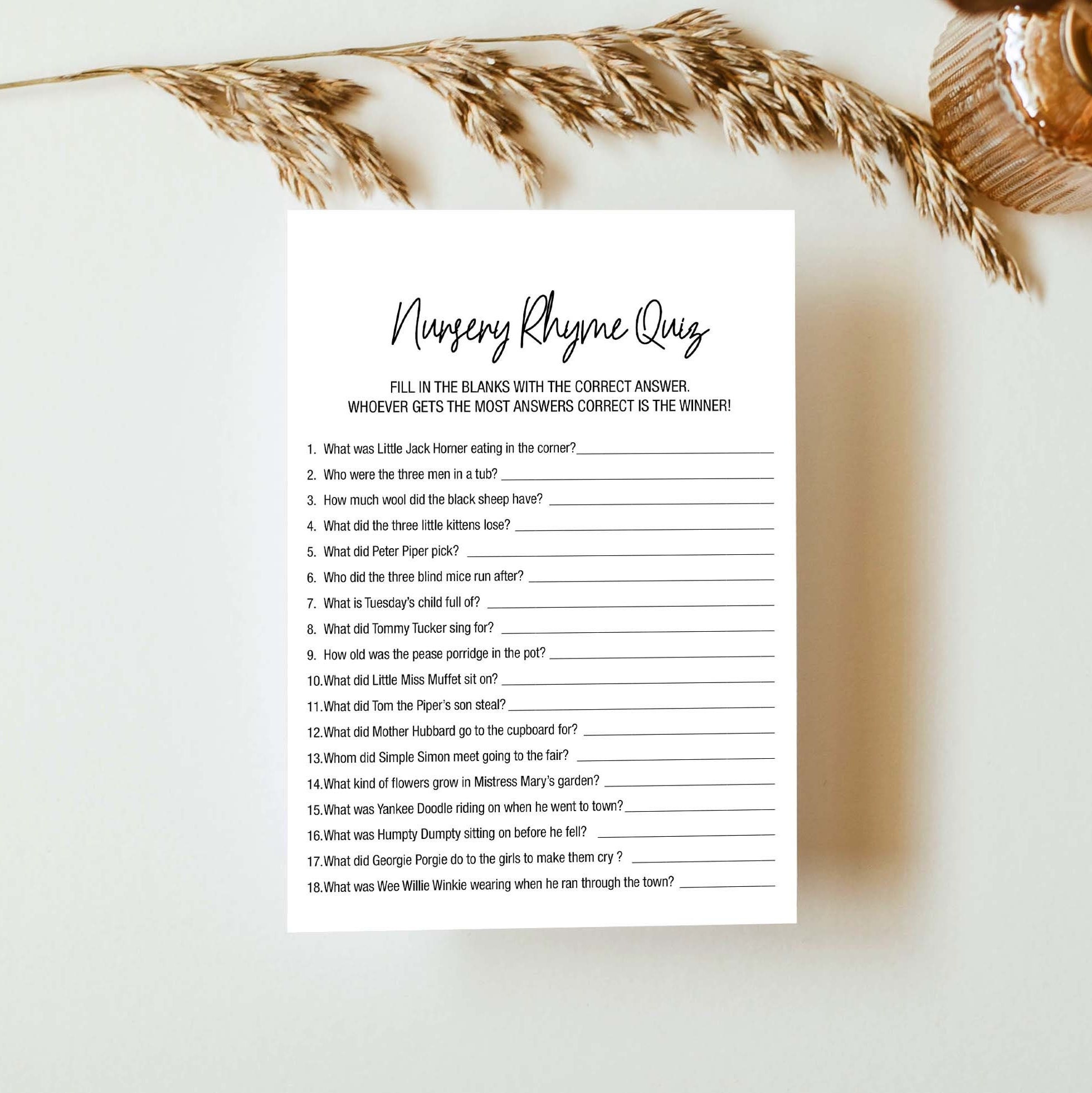 Nursery Rhyme Quiz jogo de Chá de fraldas com Resp | Zazzle Portugal