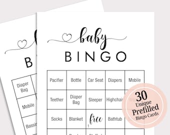 30 cartes de bingo de douche de bébé préremplies cartes de jeu de bingo de douche de bébé cartes de jeu de bingo de bébé imprimables jeux de douche de bébé minimaliste douche de bébé K16
