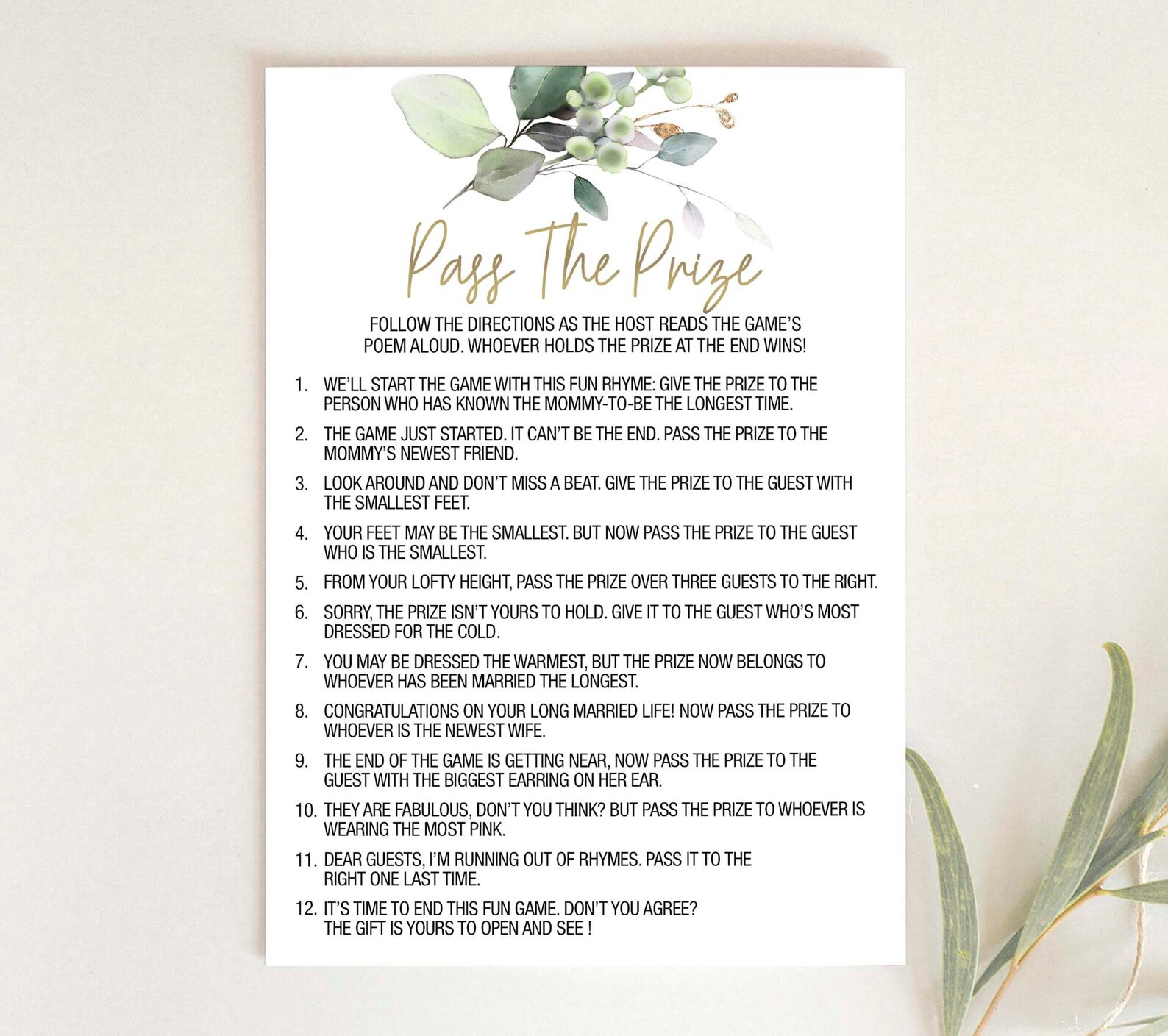 Pass the Prize Game Rhyme Game Greenery Gold Baby Shower Games - Etsy