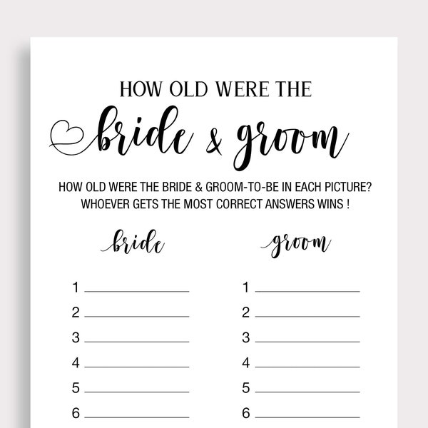 Simple Bridal Shower Photo Game, How Old Were the Bride and Groom Game, Guess the Age Bride Groom, Printable Wedding Shower Ideas, W18