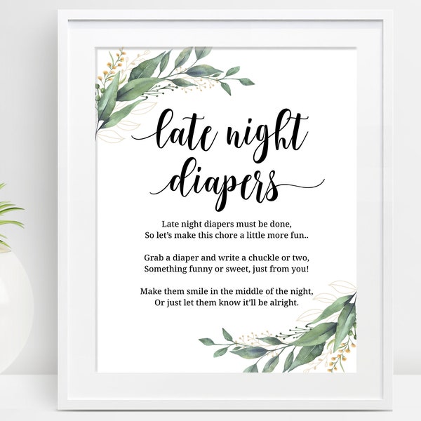 Late Night Diapers Printable, Greenery Late Night Diaper Sign, Baby Shower Game Sign, Boho Diapers Game, Diaper Thoughts Sign, C16, D28