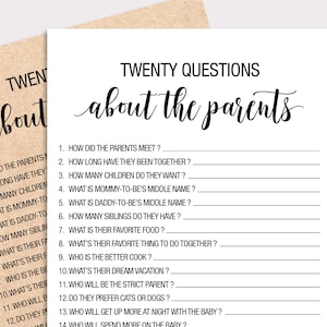 Rustic Twenty Questions About The Parents Game Kraft Baby Shower Games Printable Rustic Shower Game Fun Baby Shower Instant Download T16