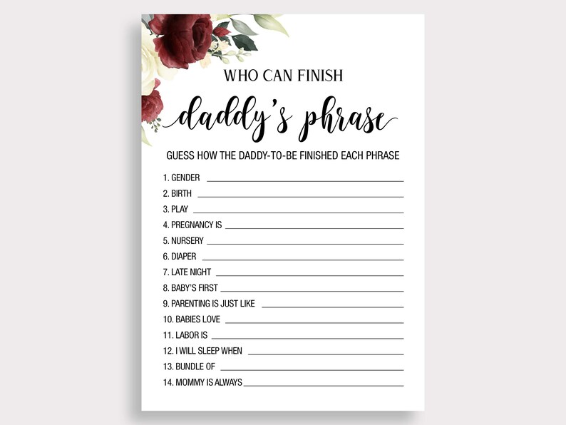 Who Can Finish Daddys Phrase Game, Floral Baby Shower Game Printable, Dads Phrase, Daddy's Phrase, Dad's Phrase, Instant Download, DIY, G16 image 2