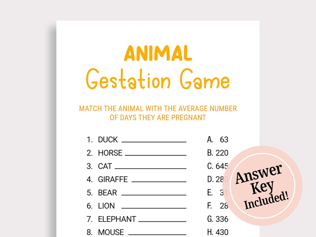 Animal Gestation Game Animal Pregnancy Game Baby Shower Games Printable ...
