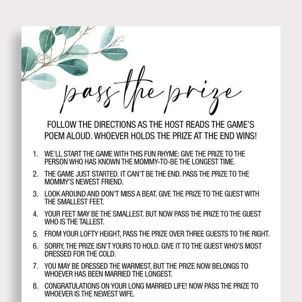 Pass the Prize Game Baby Shower Rhyme Game Eucalyptus Baby Shower Game Gender Neutral Baby Shower Pass the Gift Poem Gift Passing Poem EU16