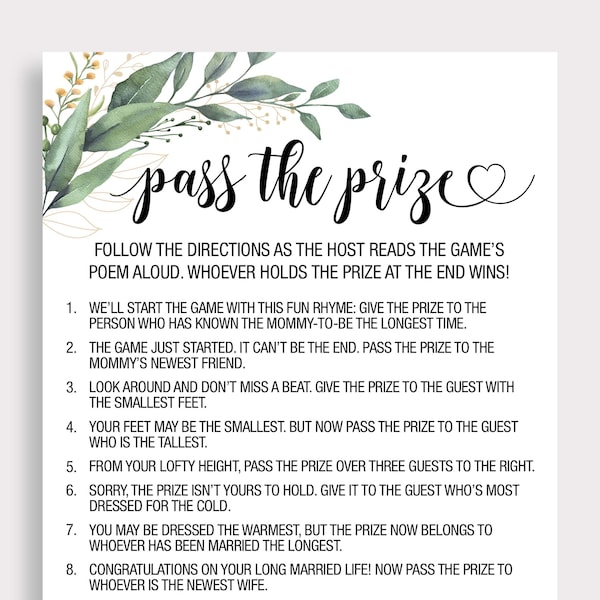 Funny Baby Shower Pass the Prize Game Pass the Gift Game Baby Shower Rhyme Pass The Poem Game Greenery Baby Shower Instant Download T16