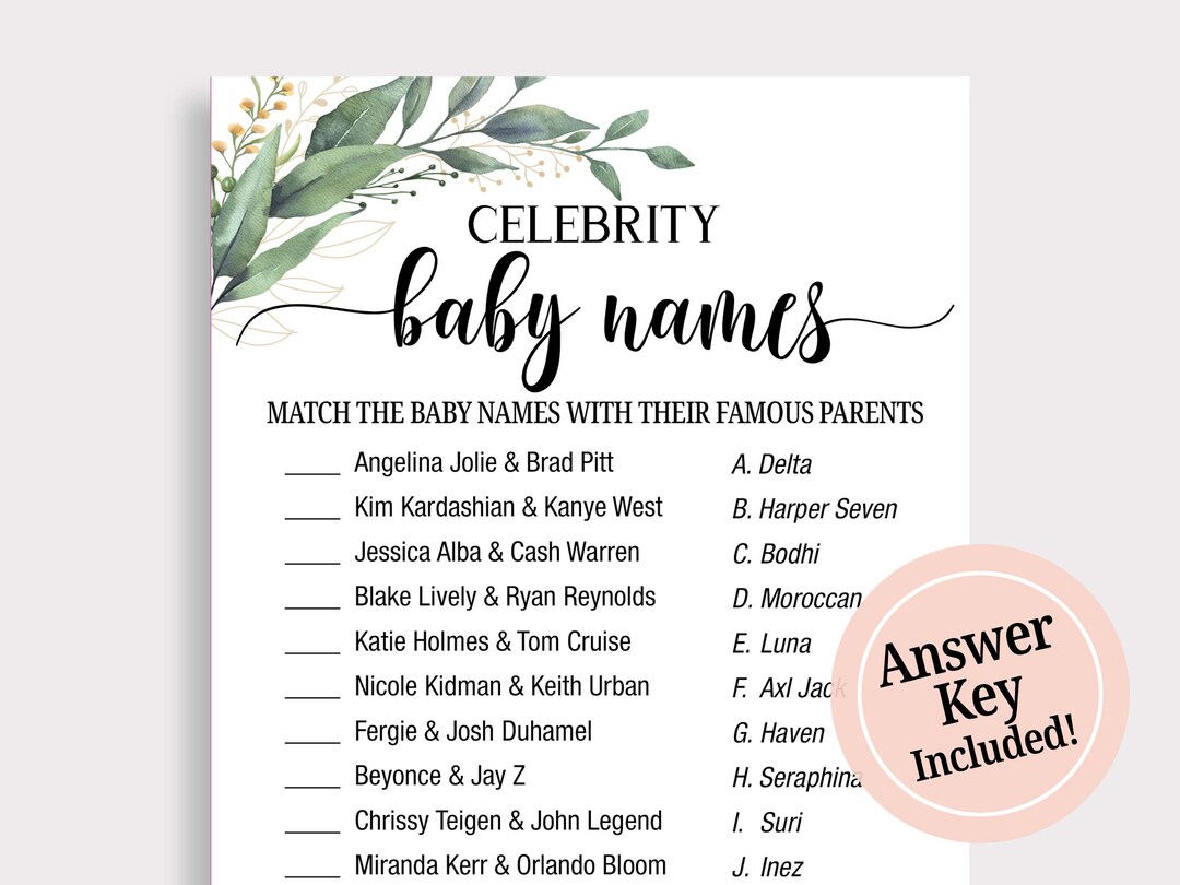 Celebrity Baby Name Game, Celebrity Baby Shower Game, Guess Celebrity Baby, Greenery Baby Shower