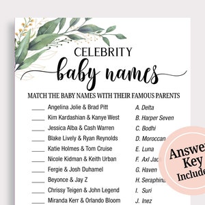 Promi Baby Namensspiel, Promi Baby Shower Spiel, Guess Promi Baby, Greenery Baby Shower Party SpielKarten, Boho, Blätter, PDF, C16