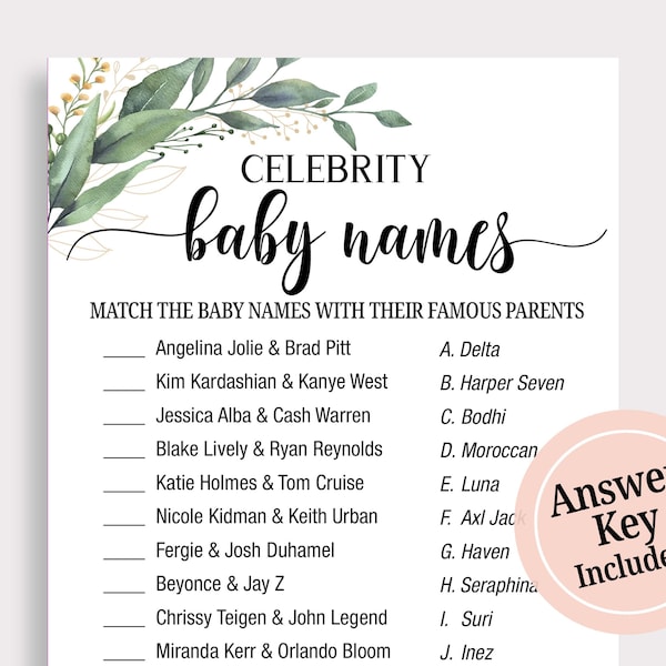 Celebrity Baby Name Game, Celebrity Baby Shower Game, Guess Celebrity Baby, Greenery Baby Shower Party Game Cards, Boho, Leaves, PDF, C16