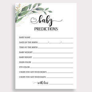 May include: Printable baby shower game card with a green leafy design and the text "baby predictions". The card includes spaces to write in the baby's name, date of birth, time of birth, weight, height, hair color, eye color, and whether the baby will have the mother's or father's traits.