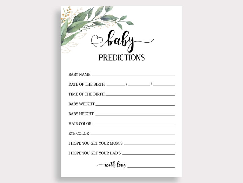 May include: Printable baby shower game card with a green leafy design and the text "baby predictions". The card includes spaces to write in the baby's name, date of birth, time of birth, weight, height, hair color, eye color, and whether the baby will have the mother's or father's traits.