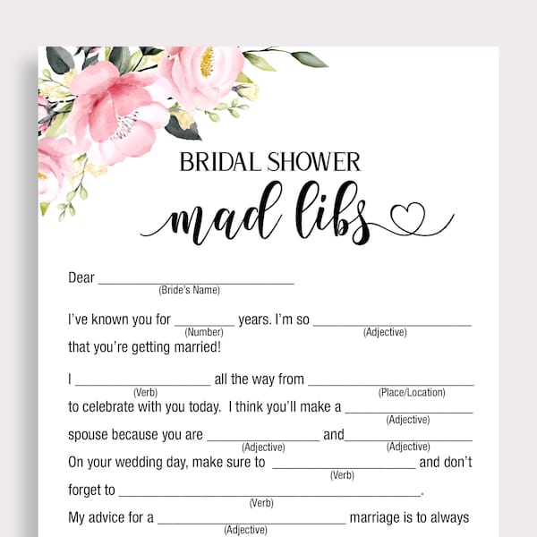 Bridal Shower Mad Libs, Floral Bridal Mad Libs, Mad Libs Bride Advice, Pink  Wedding Shower Game, Madlibs, Funny Bridal Shower Games, P18