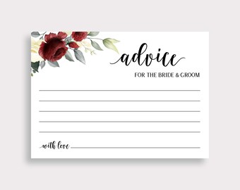 Wedding Advice Card, Bridal Shower Advice Wıshes Cards, Burgundy Bride and Groom Card, Printable Boho Bridal Shower, Instant Download, G18