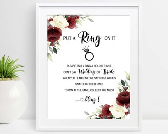 Put A Ring On It Sign, Don't Say Bride or Wedding Game, Burgundy Ring Game, Fun Bridal Shower Games, Printable Game Sign, DIY, G18, G32