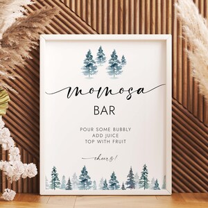 Baby Shower Momosa Bar Sign Imprimible Invierno Baby Shower Mom-osa Bar Sign Pine Tree Baby Shower Sign Bubbly Bar Sign Descarga instantánea MD8