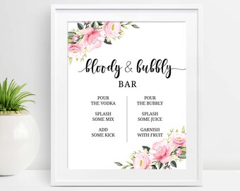 Bloody Bubbly Bar Sign, Mimosa Bar Sign, Bloody Mary Bar, Bubbly Bar Sign, Brunch Bubbly, Bridal Shower, Wedding, Bridal Brunch, Floral, P32