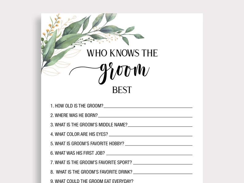 Puede incluir: Un papel blanco con el texto "WHO KNOWS THE groom BEST" en escritura negra. El papel tiene un dise&ntilde;o floral en la esquina superior izquierda. Debajo del texto hay preguntas para completar sobre el novio.