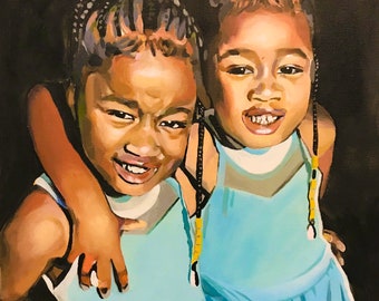 Custom acrylic painting of sisters done from photo