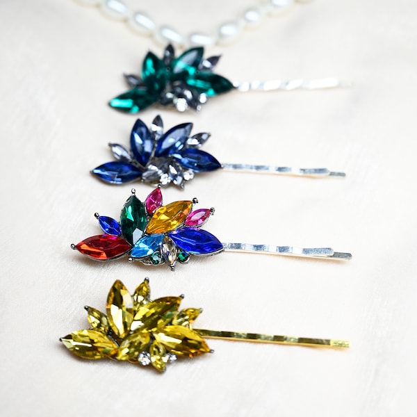 Small hair pin blue yellow rainbow multicoloured or green crystals Blue hair slide Bridal hair slide Gift for Bride wedding gift