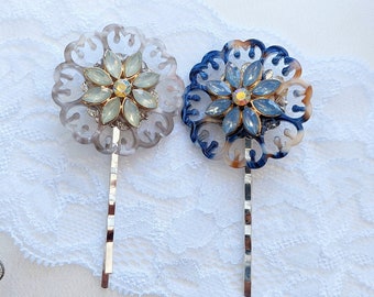 Spilla per capelli floreale Art Deco unica, accessori per capelli da sposa, regalo di nozze, damigella d'onore, accessorio calendula, diapositiva per capelli blu, oro, argento, grigio