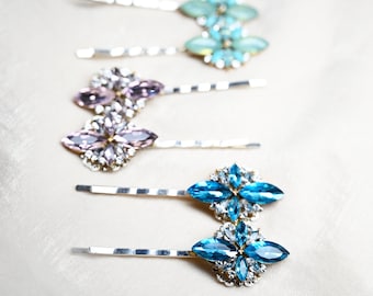 Small hair pin set purple pink blue teal sea green crystals hair slide Bridal Gift for wedding gift present mothers day bridesmaid flower