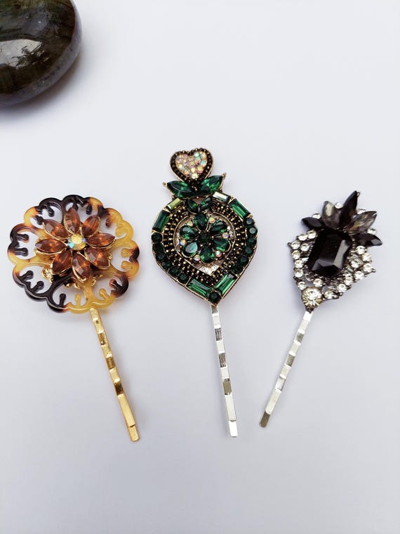 Antique Hair Pins- Set of Three! Set of three vintage gold tone metal single prong hair pins  main image 2