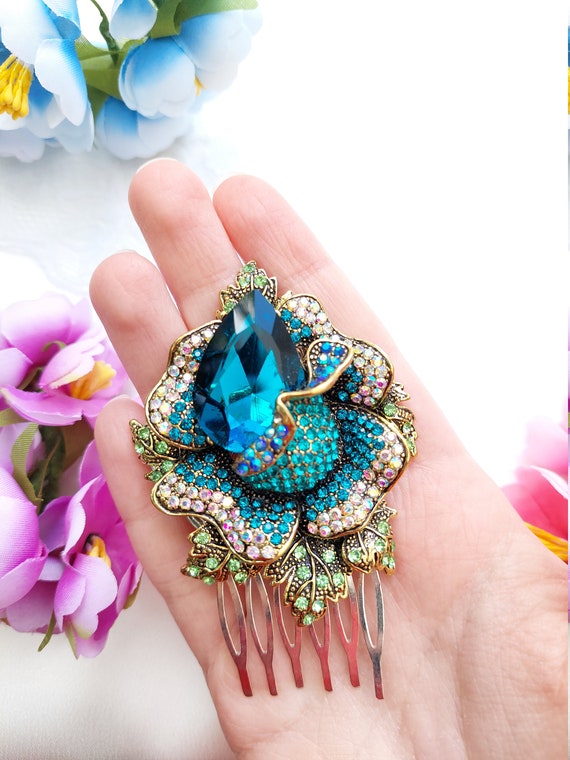 Large Blue Flower Crystal Comb, Hair Comb, Wedding  display picture 2