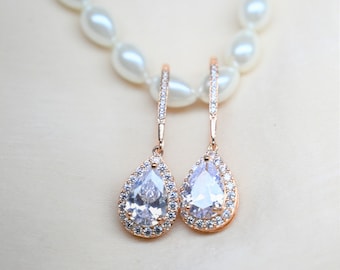 Rose gold dangle earrings Rose gold bridal earrings Big waterdrop earrings Blush gold earrings Mothers Day gift Wedding drop earrings