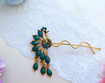 Fancy Peacock Pin, turquoise Peacock Hair Pin, Bird Accessories, Teal Hair slide, Wedding Gift, Gold turquoise Hair Piece