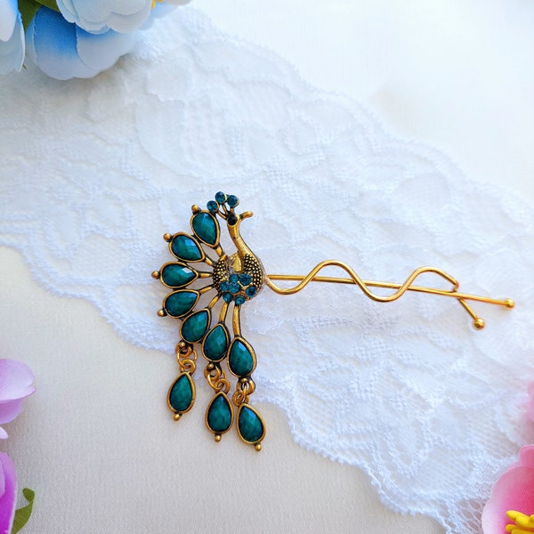 Fancy Peacock Pin, turquoise Peacock Hair Pin, Bird Accessories, Teal Hair slide, Wedding Gift, Gold turquoise Hair Piece