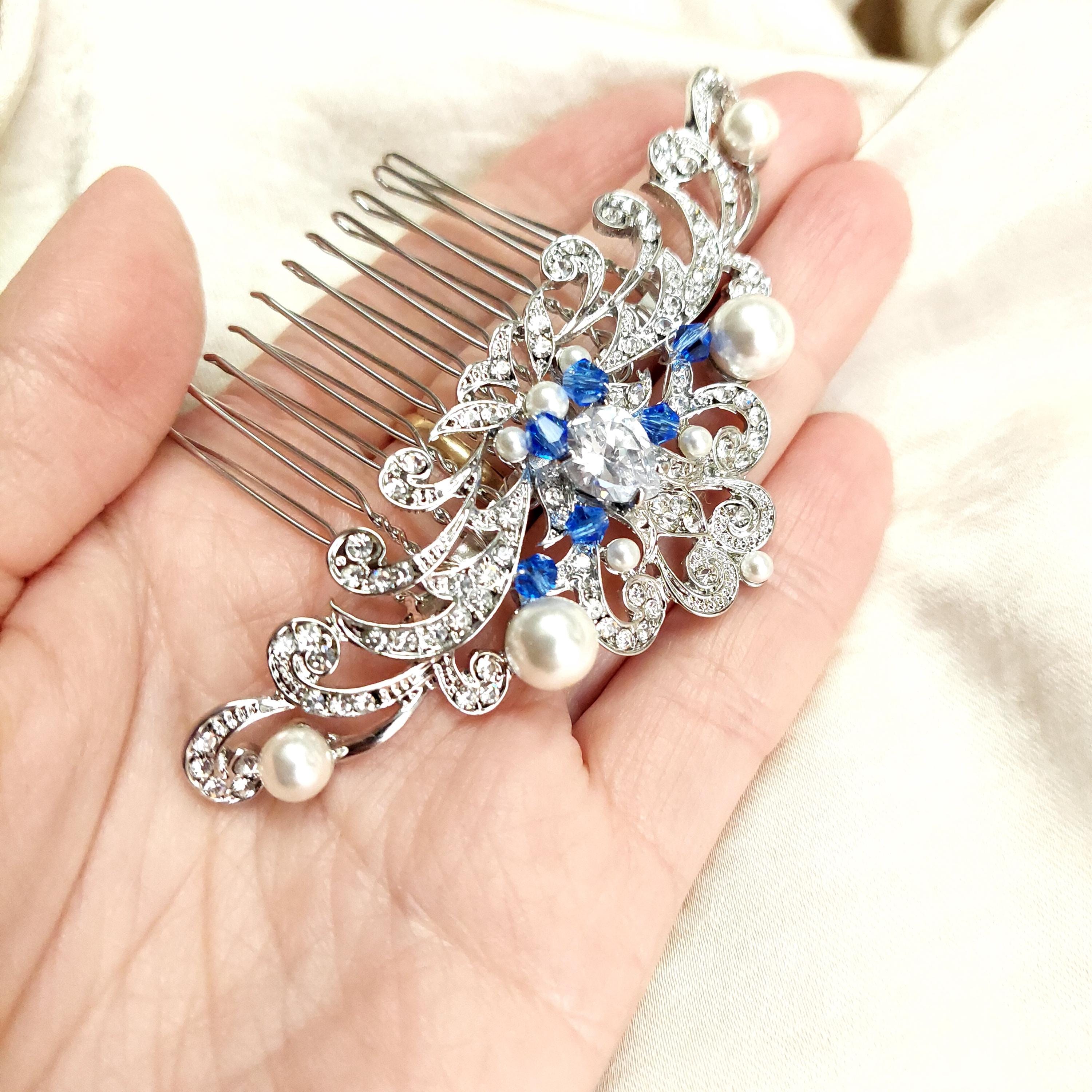 Braut-Kopfschmuck Mit Blauen Saphir-Strass – Elegant, Ca. 38 Cm, Für Hochzeit & Ball
