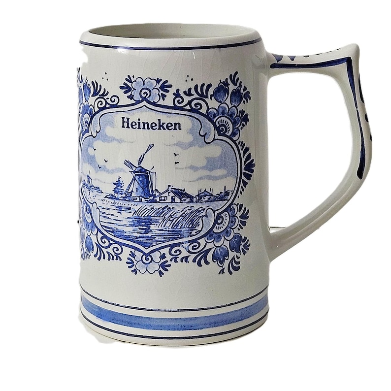Vintage Heineken Ceramic Beer Stein Mug – Delft Blue Hand-Painted image 2