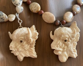 Carved Jewelry, Bone Pendant, Small Buffalo head Bone Necklaces