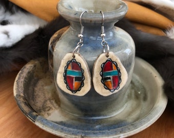 Carved antler earrings, dangle earrings, Hand Painted Antler Earring