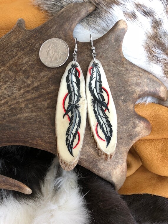 Carved antler earrings Hand Painted Feather Antler Earrings dangle earrings