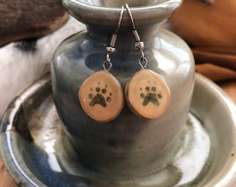 Carved antler earrings, dangle earrings, Turquoise Inlaid Wolf Paw Antler Earrings