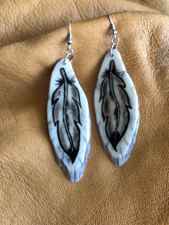 Carved antler earrings Hand Painted Feather Antler Earrings dangle earrings
