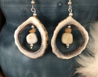 Carved antler earrings, dangle earrings, cut out earrings with earth stone beads