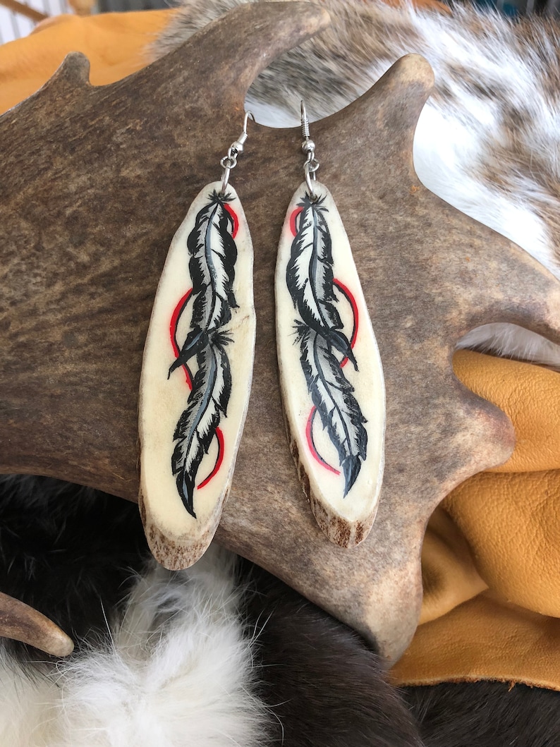 Carved antler earrings Hand Painted Feather Antler Earrings dangle earrings