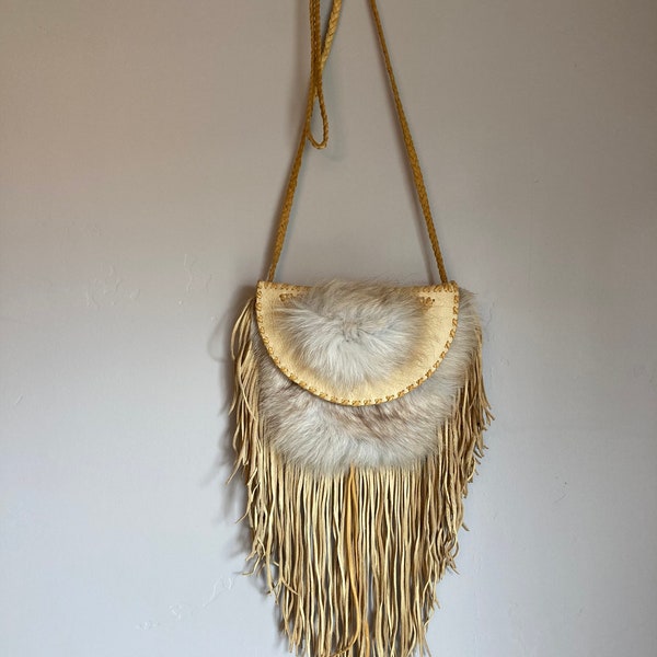 Hand crafted fur and leather pouch, Wall hanging art