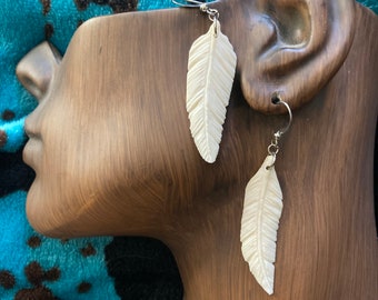 carved bone earrings, dangle earrings, hand carved bone feather earrings