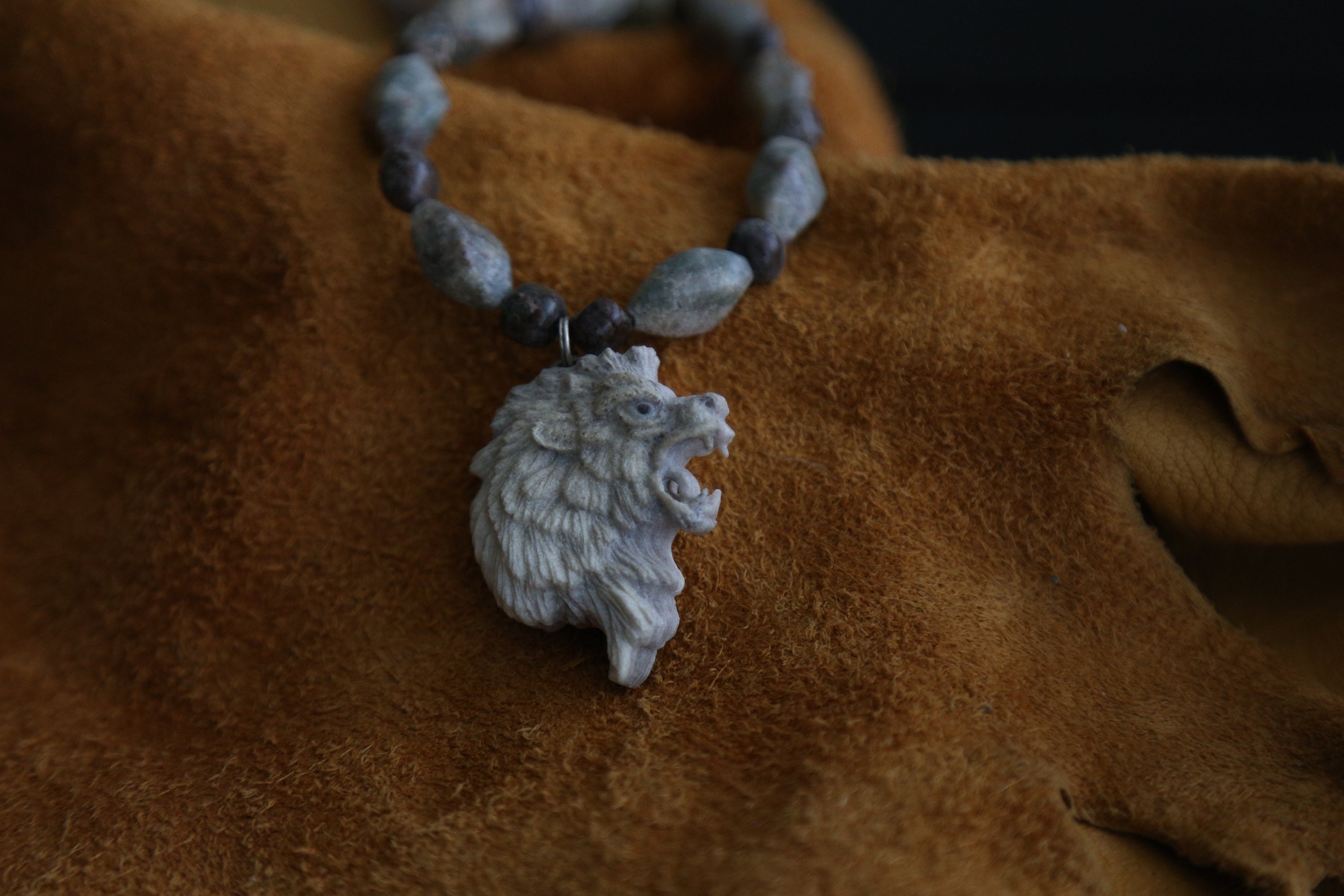 Carved Jewelry Lion Head Bone Pendant Necklace Etsy