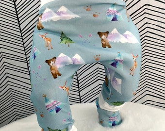 Animal Harems Woodland Bear pants Tipi Baby Leggings Boy Mountain Pants Watercolour Print fabric Organic cotton GOTs Girls arrow joggers Eco