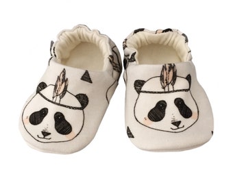 Grey Feather Panda Pram Shoes Moccasins Modern crib shoes Soft sole slippers 0-9 Yrs Organic cotton knit Scandi Chic New Eco fabric Girl Boy